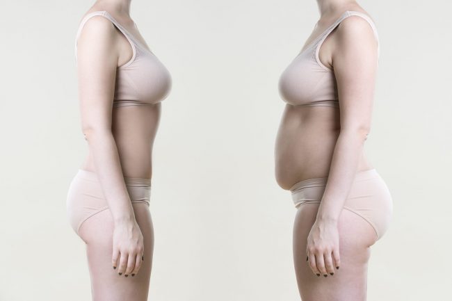 Frau's Körper vor und nach Gewichtsverlust, gesunder Lebensstil Konzept